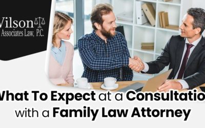 Photo of a woman and man at a desk and the man is shaking hands with a lawyer and the text: What to Expect at a Consultation with a Family Law Attorney